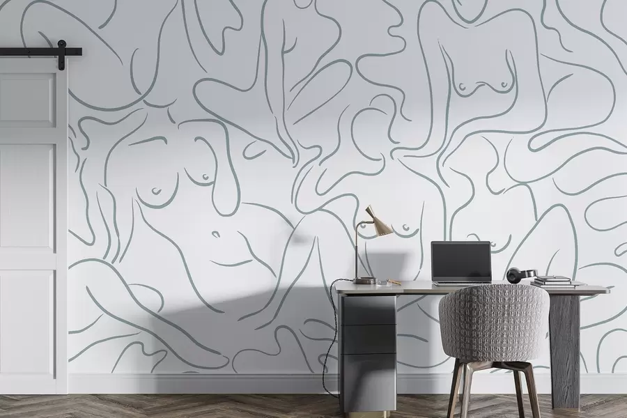 murais de parede Desenho de linha de silhuetas anatômicas, abstração, cor azul w03755v1