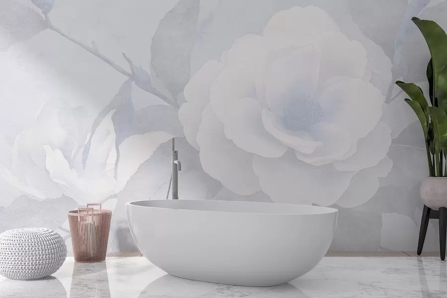 murais de parede Pastel suave com flores de camélia no galho, cores azuis w03760v1