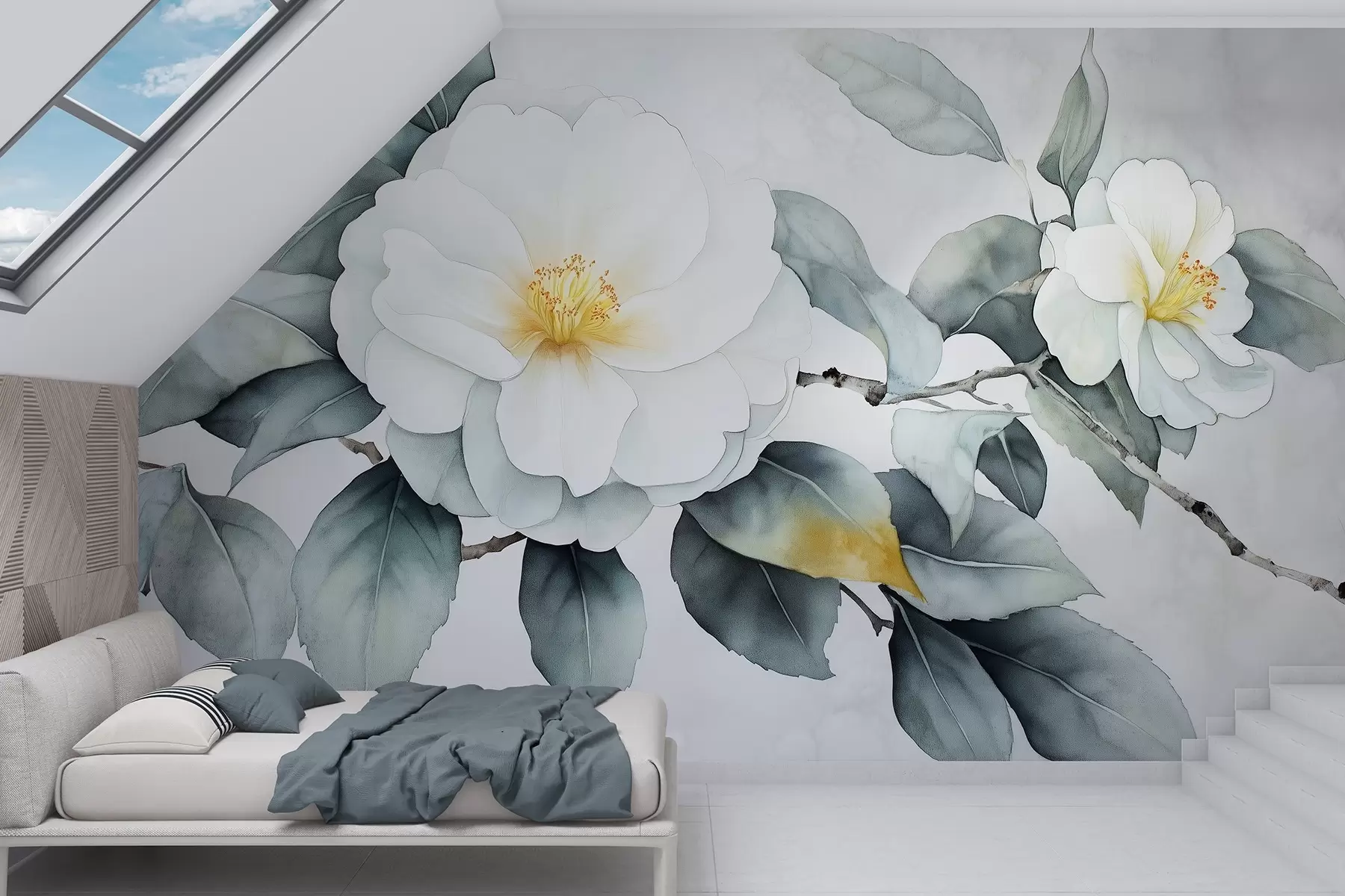 murais de parede Flores de camélia em estilo aquarela no galho, cores naturais w03761