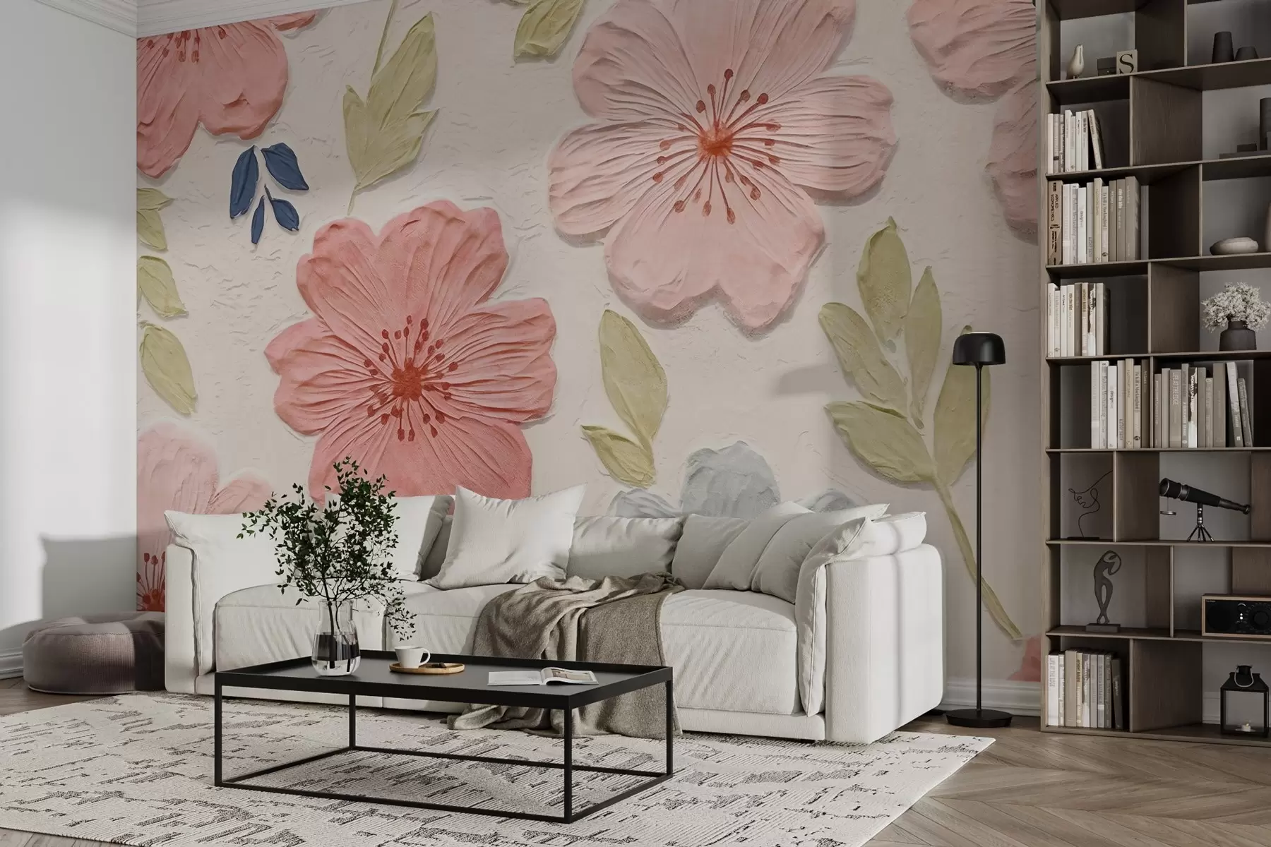 murais de parede Flores em relevo em estilo baixo-relevo com tons de rosa w03797