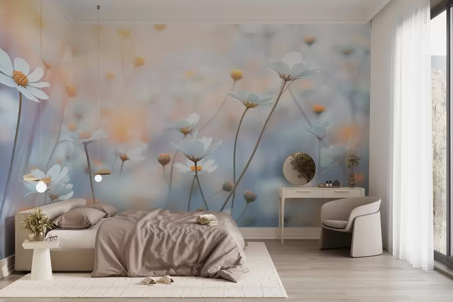 murais de parede Flores azuis claras com a luz quente da noite w03802