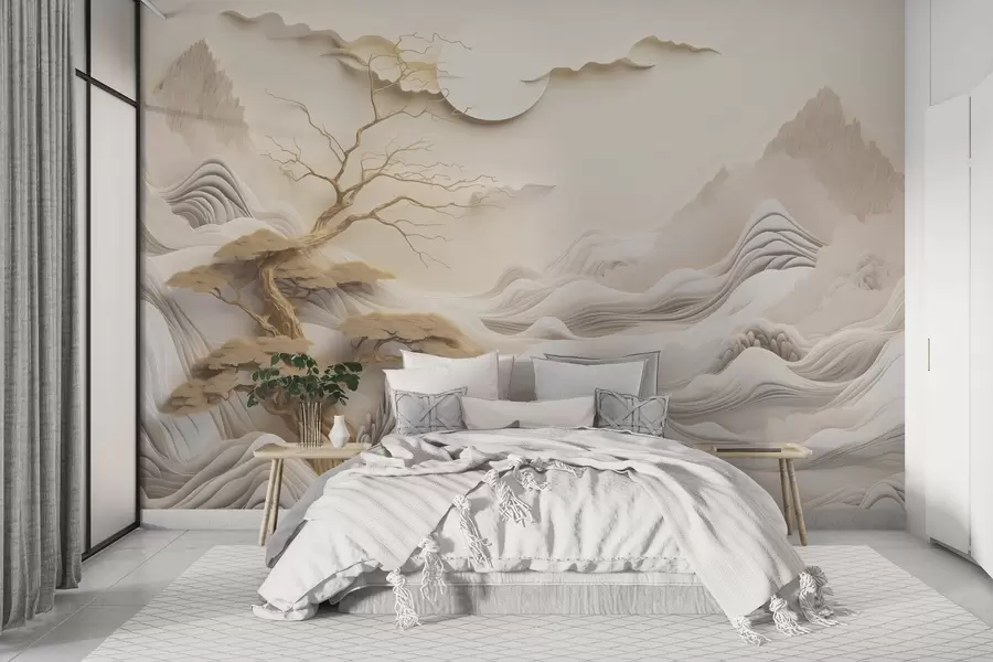 murais de parede Paisagem oriental com árvores e montanhas w03803