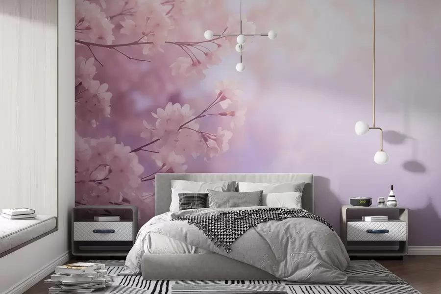 murais de parede Ramos de sakura com flores rosa em um fundo pastel w03804