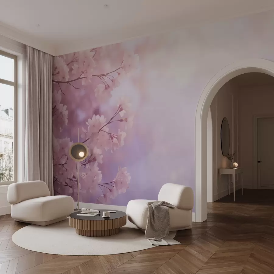 murais de parede Ramos de sakura com flores rosa em um fundo pastel w03804