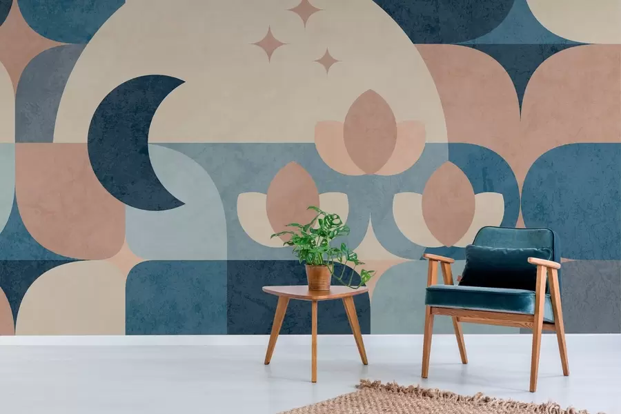 murais de parede abstração geométrica, em que formas suaves são suavemente entrelaçadas com símbolos da lua, flores e estrelas w03723