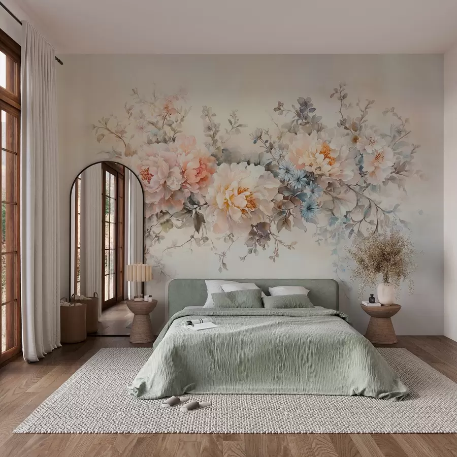 murais de parede delicadas flores em estilo aquarela em tons pastéis de rosa, bege e azul w03724