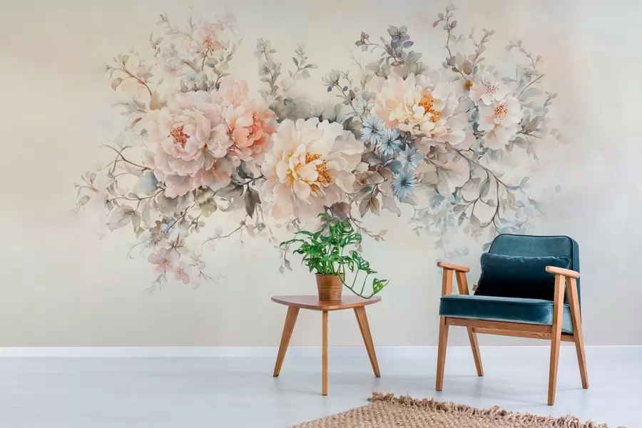 murais de parede delicadas flores em estilo aquarela em tons pastéis de rosa, bege e azul w03724