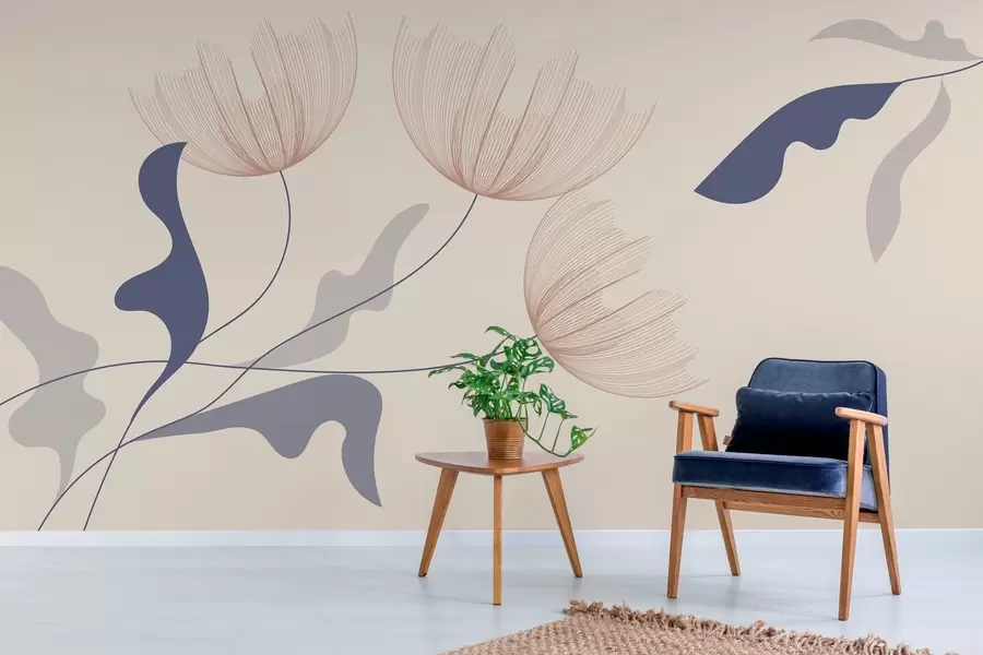 murais de parede flores elegantes e minimalistas em tons de azul sobre um fundo bege w03763