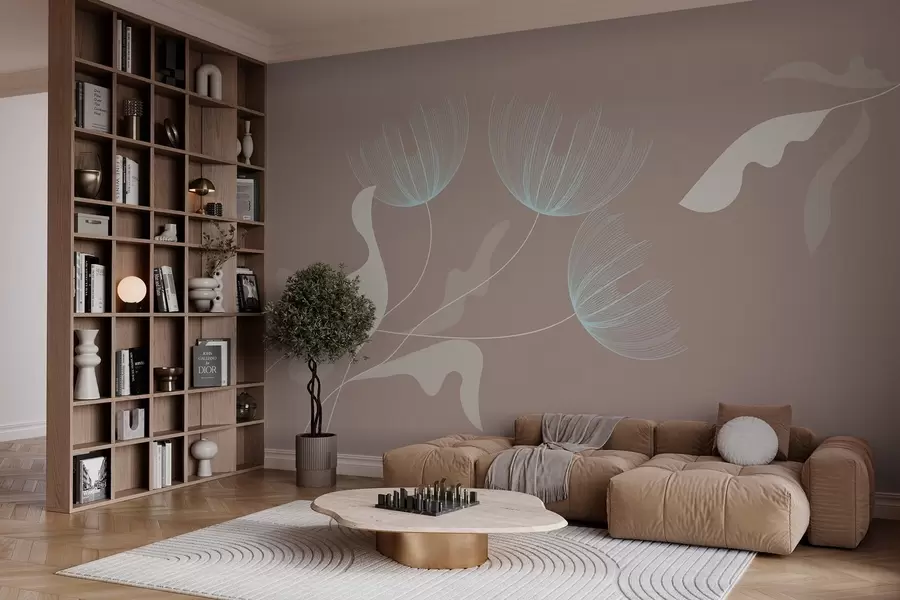 murais de parede flores elegantes e minimalistas em tons de branco e azul em um fundo mocha w03763v3