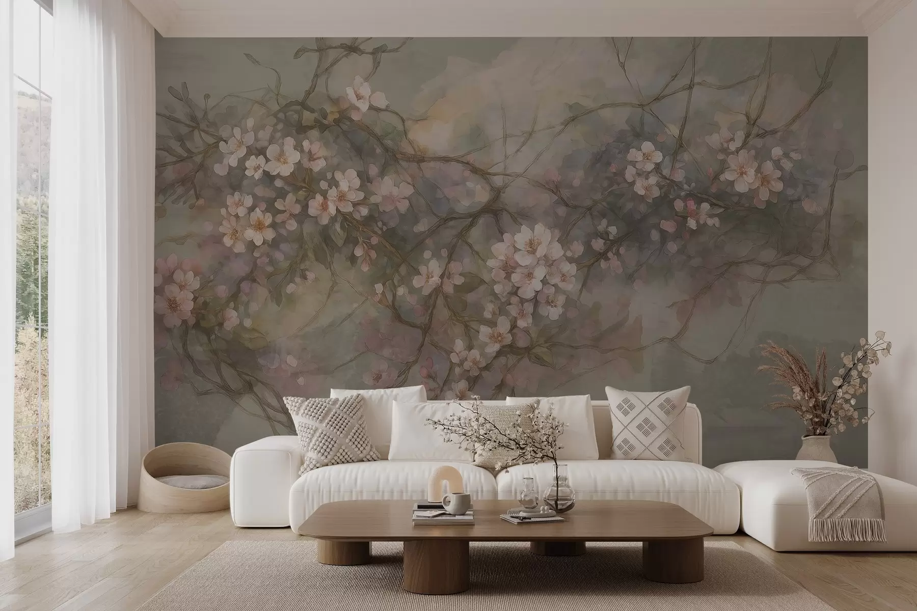 murais de parede Galhos abstratos em aquarela com flores w03815
