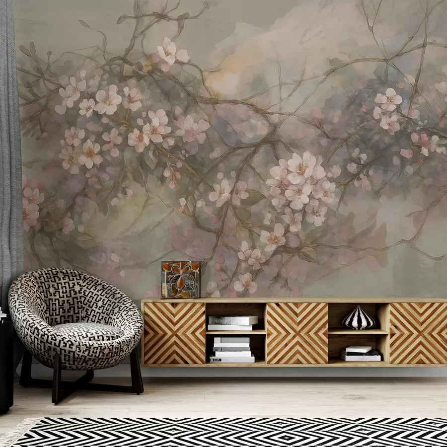 murais de parede Galhos abstratos em aquarela com flores w03815