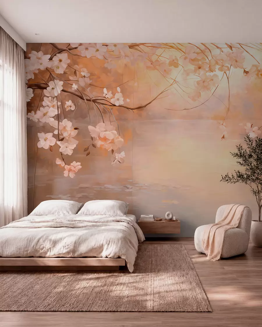 murais de parede Arte abstrata de paisagem com galho de flor e flores brancas penduradas sobre um lago, cores pastéis suaves w09046