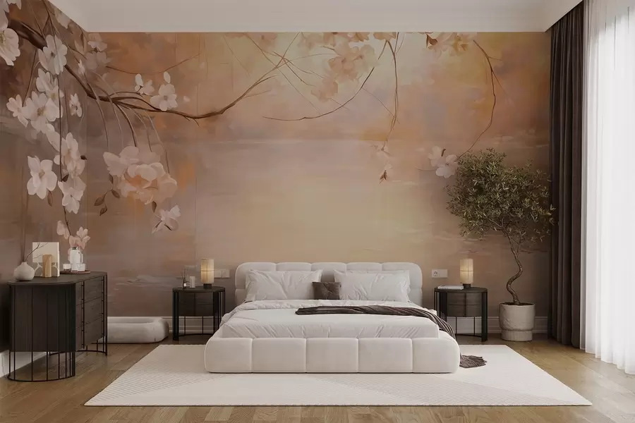 murais de parede Arte abstrata de paisagem com galho de flor e flores brancas penduradas sobre um lago, cores pastéis suaves w09046
