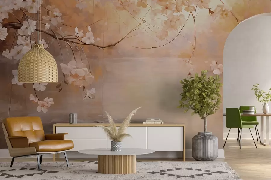 murais de parede Arte abstrata de paisagem com galho de flor e flores brancas penduradas sobre um lago, cores pastéis suaves w09046