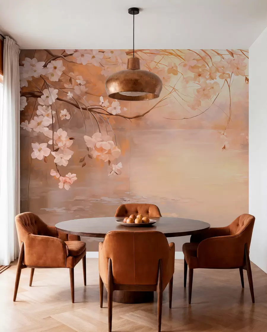 murais de parede Arte abstrata de paisagem com galho de flor e flores brancas penduradas sobre um lago, cores pastéis suaves w09046