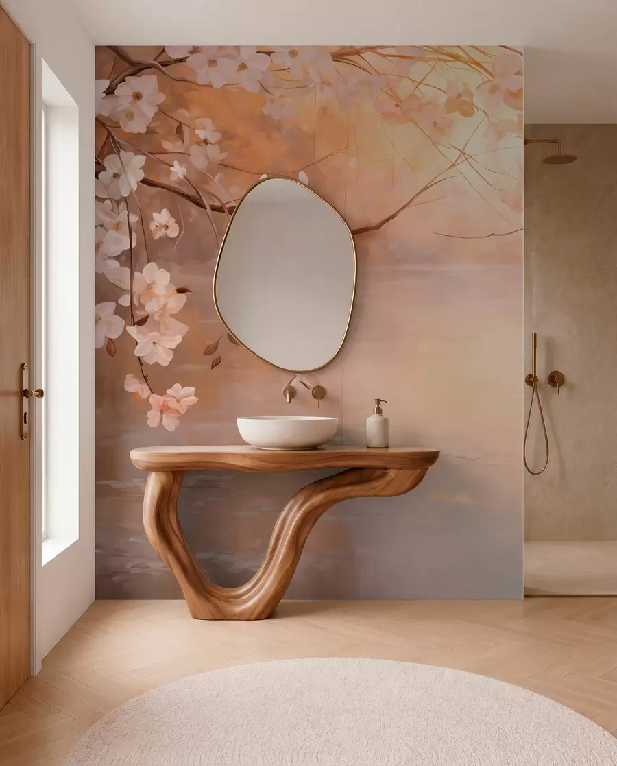 murais de parede Arte abstrata de paisagem com galho de flor e flores brancas penduradas sobre um lago, cores pastéis suaves w09046