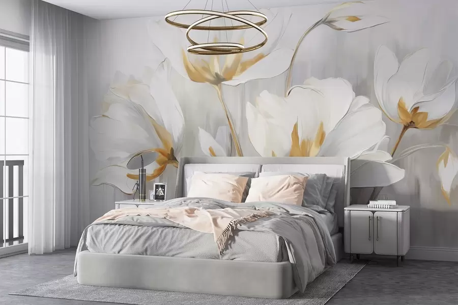 murais de parede Flores abstratas brancas com pétalas e hastes brancas em um fundo cinza com pinceladas verticais em cinza e branco  w09047