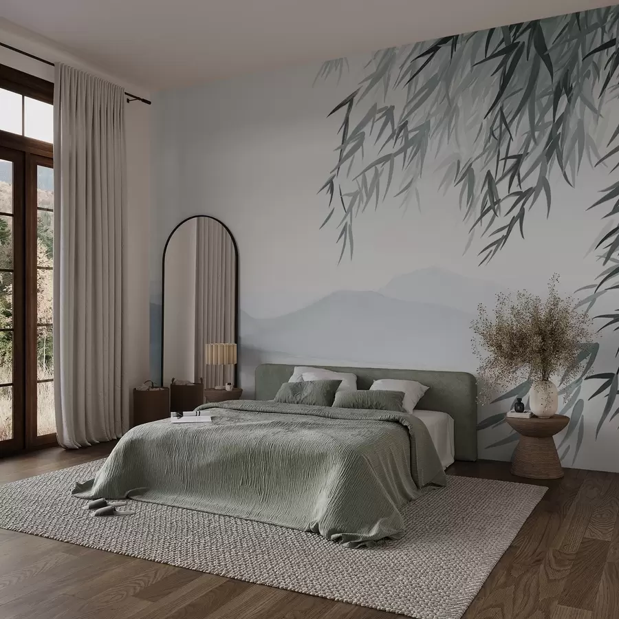 murais de parede Folhas de bambu penduradas sobre um lago com montanhas ao fundo, tons suaves de azul e branco, estilo de pintura com tinta w09048