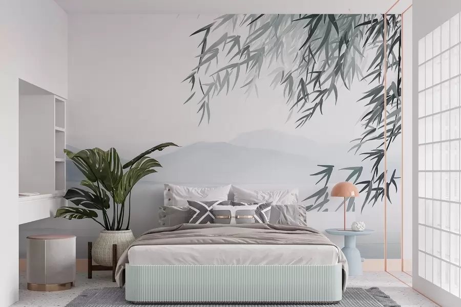murais de parede Folhas de bambu penduradas sobre um lago com montanhas ao fundo, tons suaves de azul e branco, estilo de pintura com tinta w09048