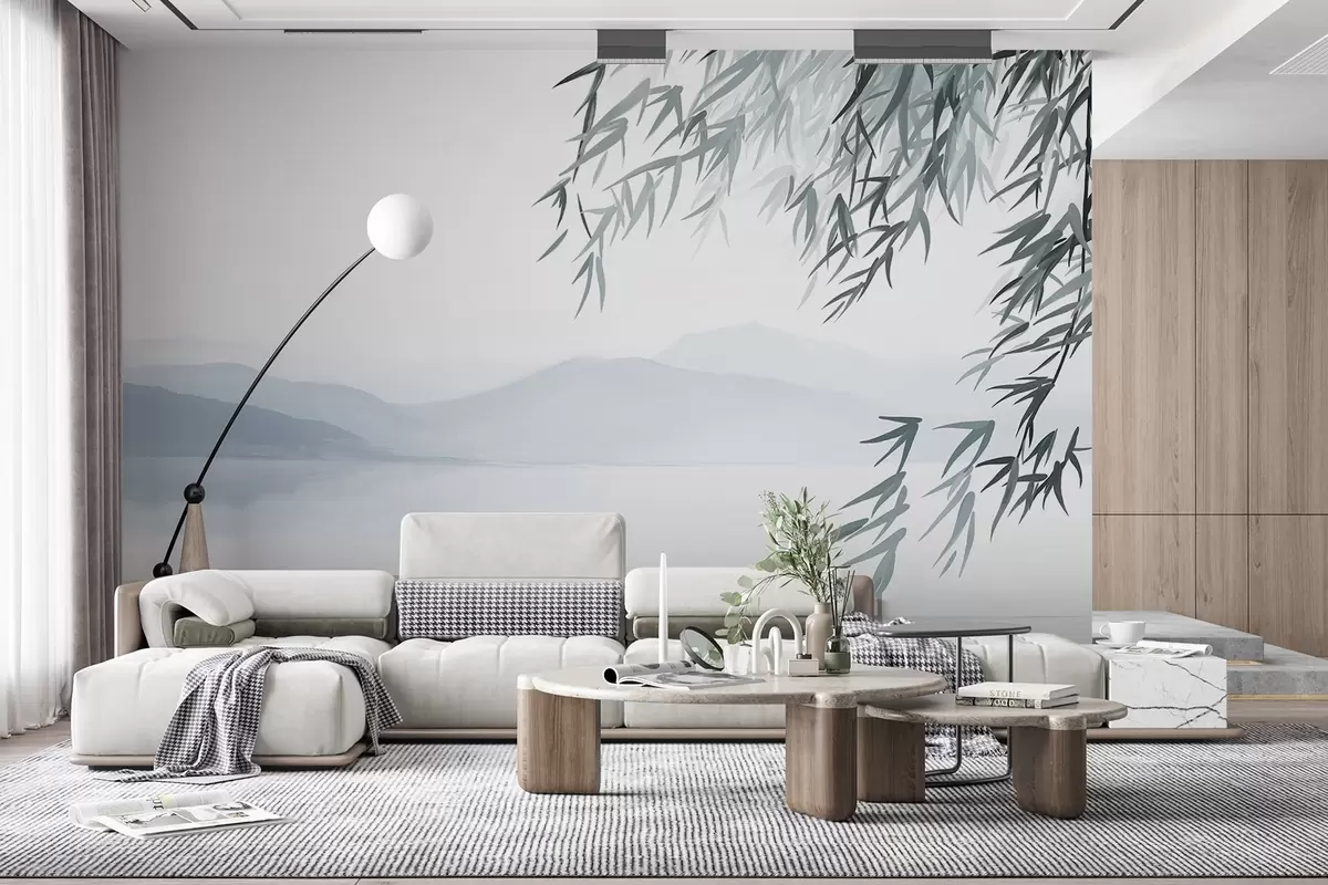 murais de parede Folhas de bambu penduradas sobre um lago com montanhas ao fundo, tons suaves de azul e branco, estilo de pintura com tinta w09048