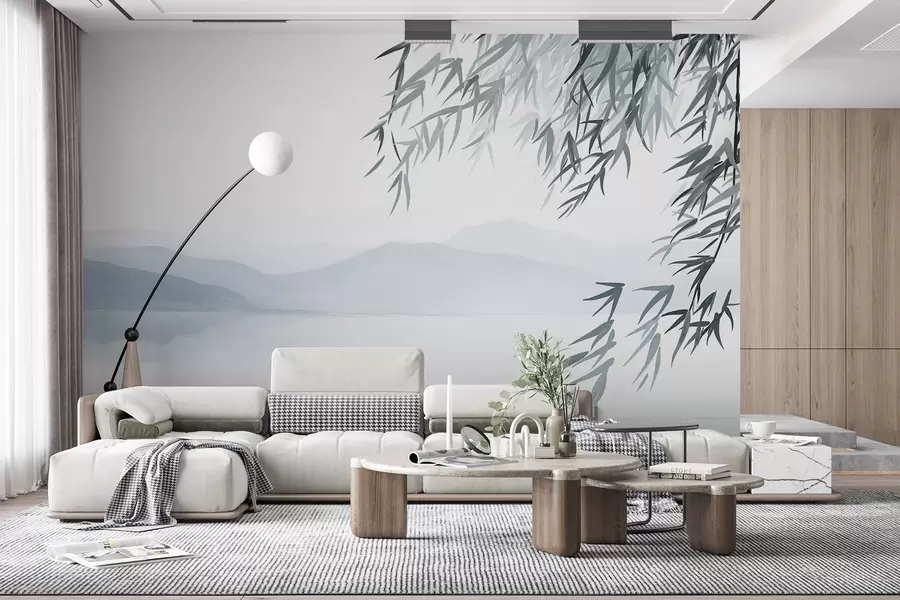 murais de parede Folhas de bambu penduradas sobre um lago com montanhas ao fundo, tons suaves de azul e branco, estilo de pintura com tinta w09048