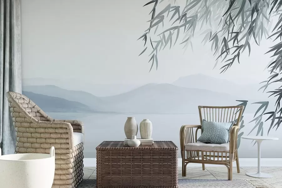 murais de parede Folhas de bambu penduradas sobre um lago com montanhas ao fundo, tons suaves de azul e branco, estilo de pintura com tinta w09048