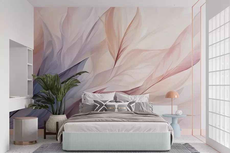 murais de parede Desenho floral abstrato com pétalas esvoaçantes em tons pastéis de rosa, pêssego e azul, criando uma composição suave e sonhadora w09049