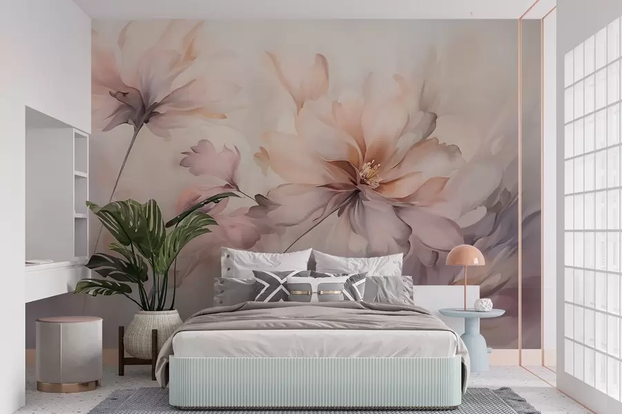 murais de parede Uma delicada arte floral com grandes flores em tons pastéis com pétalas translúcidas, hastes suaves e um fundo suave e difuso  w09050