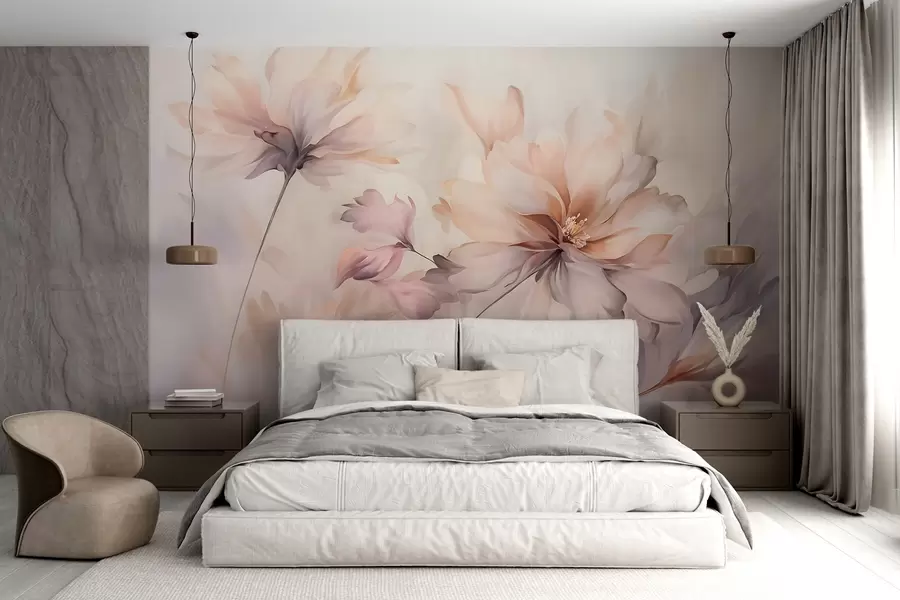 murais de parede Uma delicada arte floral com grandes flores em tons pastéis com pétalas translúcidas, hastes suaves e um fundo suave e difuso  w09050