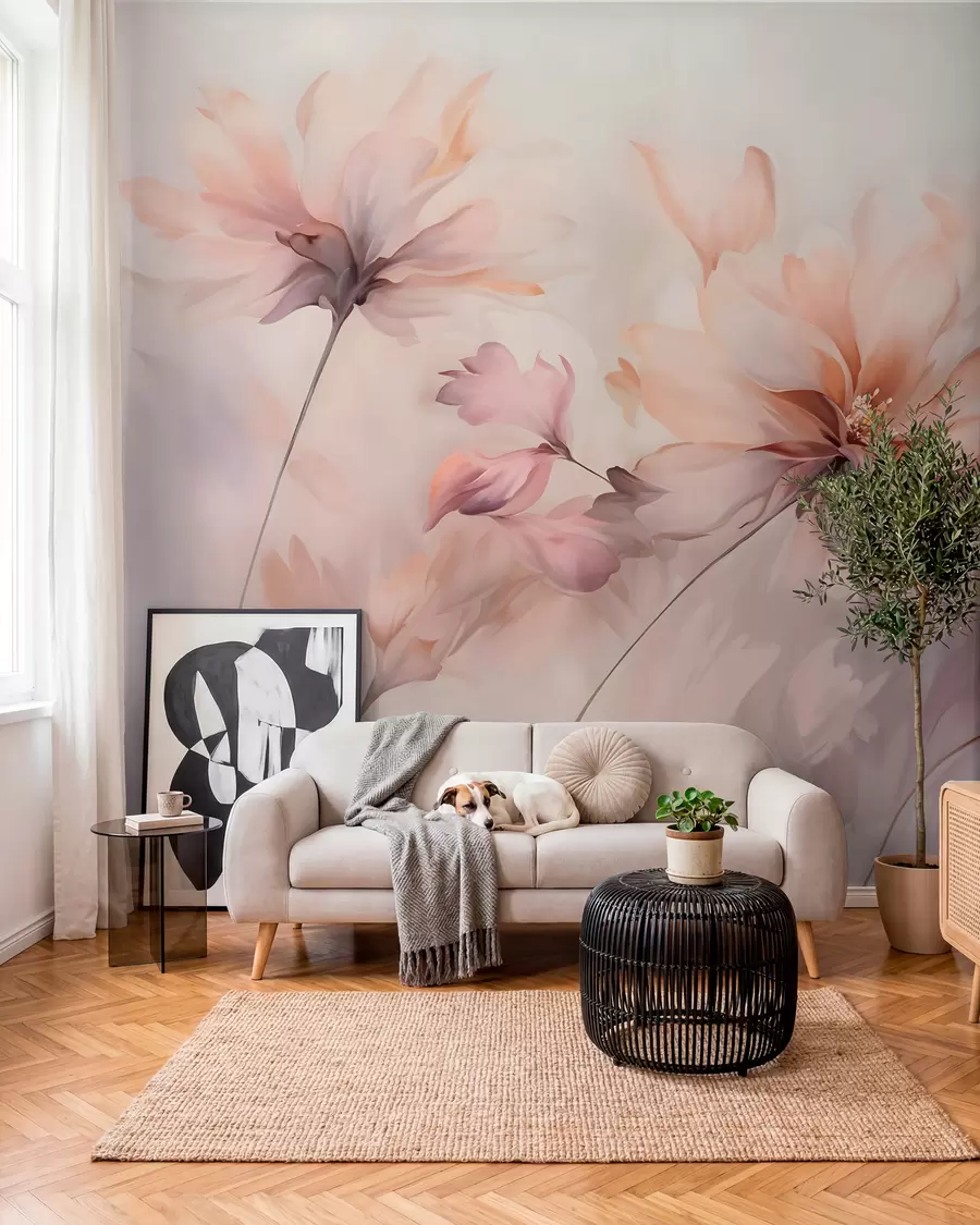 murais de parede Uma delicada arte floral com grandes flores em tons pastéis com pétalas translúcidas, hastes suaves e um fundo suave e difuso  w09050