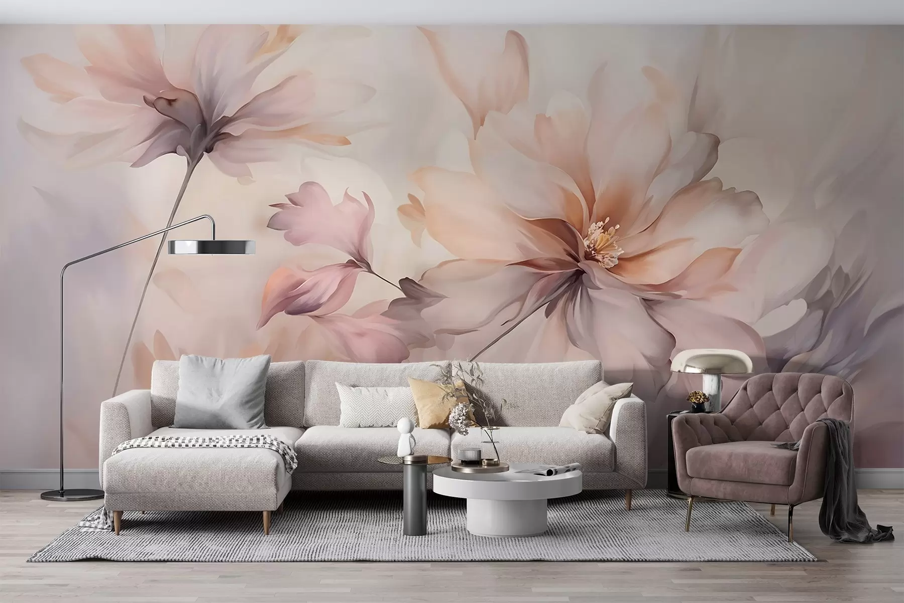 murais de parede Uma delicada arte floral com grandes flores em tons pastéis com pétalas translúcidas, hastes suaves e um fundo suave e difuso  w09050