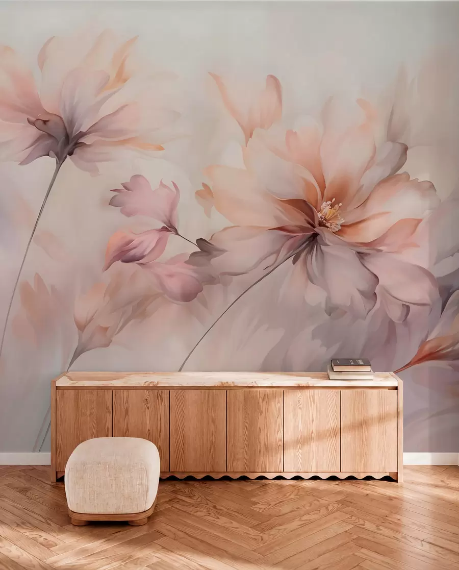 murais de parede Uma delicada arte floral com grandes flores em tons pastéis com pétalas translúcidas, hastes suaves e um fundo suave e difuso  w09050
