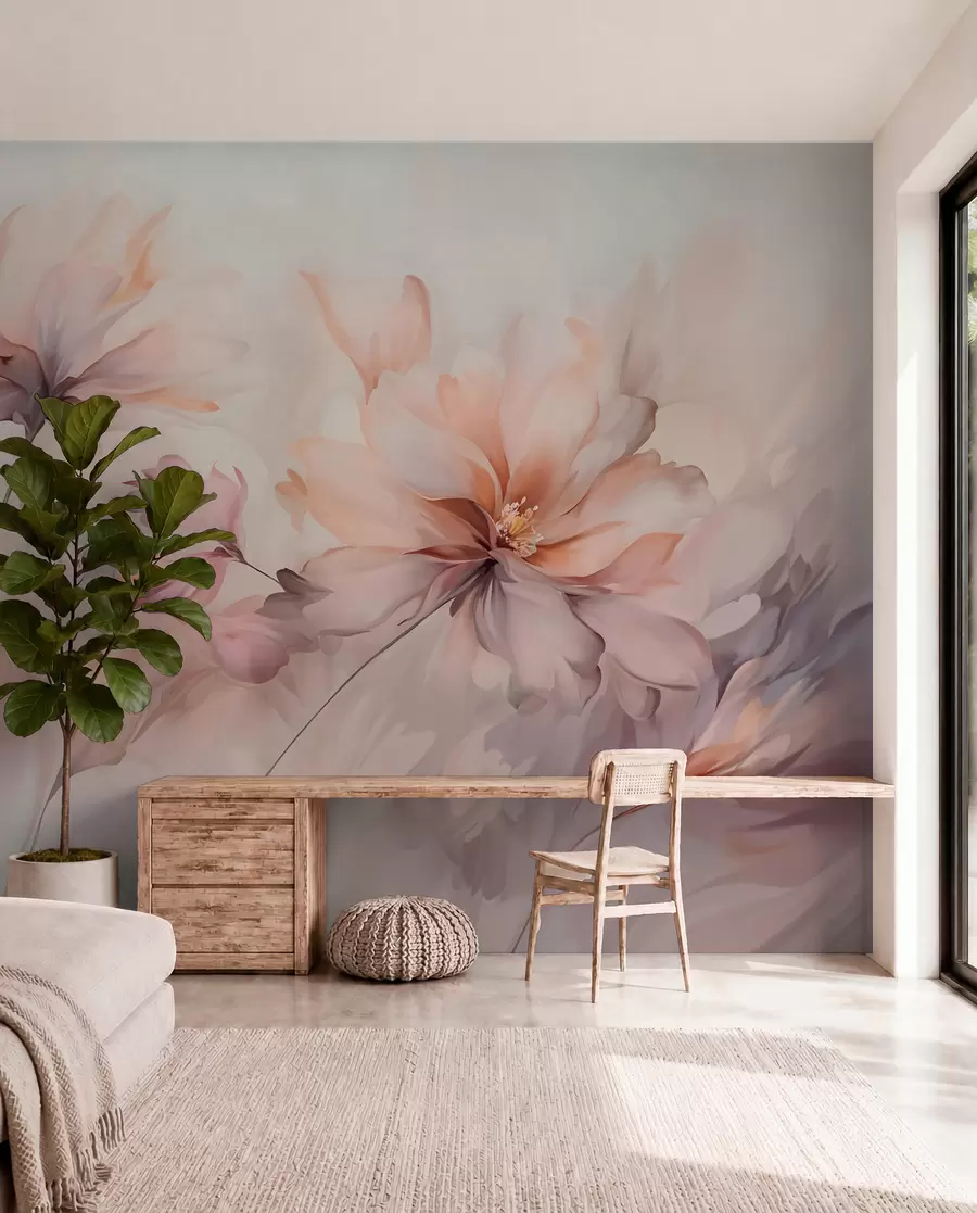 murais de parede Uma delicada arte floral com grandes flores em tons pastéis com pétalas translúcidas, hastes suaves e um fundo suave e difuso  w09050