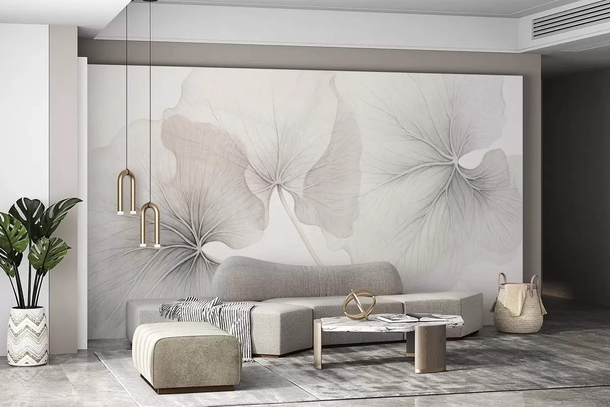 murais de parede Três folhas translúcidas com veias visíveis, com textura de ruído ligeiramente sobrepostas, com hastes finas em um fundo branco w09052