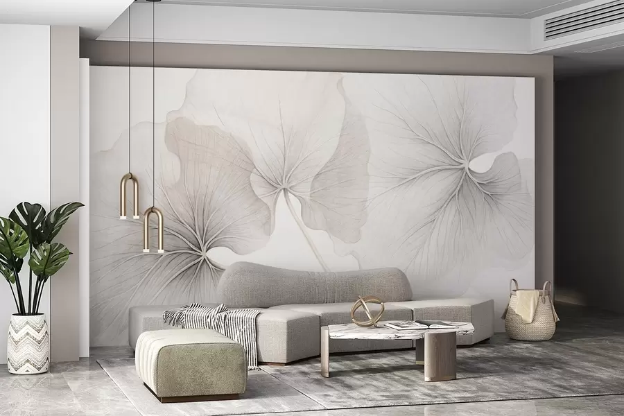 murais de parede Três folhas translúcidas com veias visíveis, com textura de ruído ligeiramente sobrepostas, com hastes finas em um fundo branco w09052