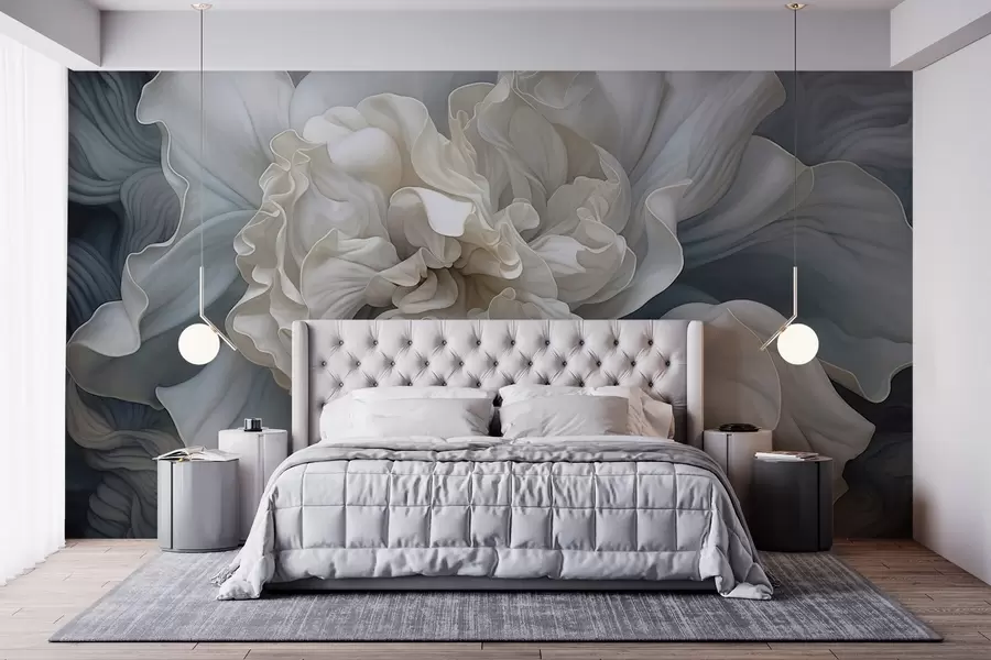 murais de parede Grande flor decorativa abstrata com muitas pétalas, suave e delicada, com tons de azul e cinza no plano de fundo w09055