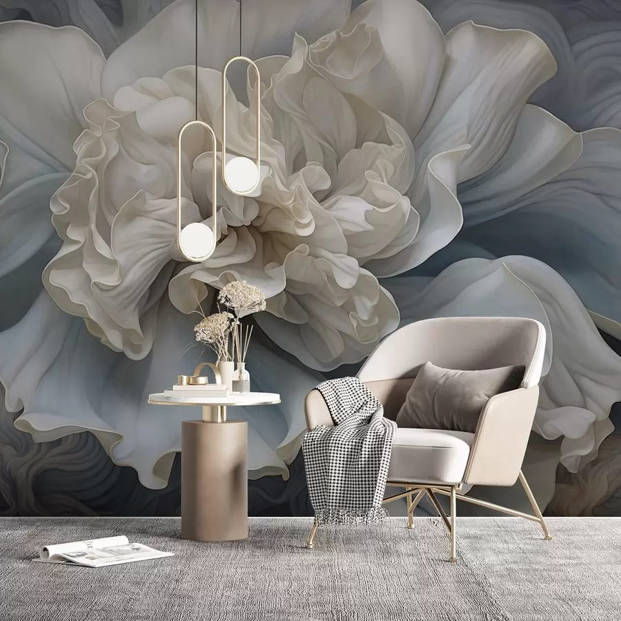 murais de parede Grande flor decorativa abstrata com muitas pétalas, suave e delicada, com tons de azul e cinza no plano de fundo w09055