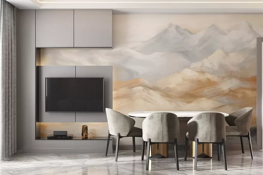 murais de parede Pintura de paisagem texturizada de montanhas com um lago em primeiro plano, em tons de branco, cinza e marrom w09057