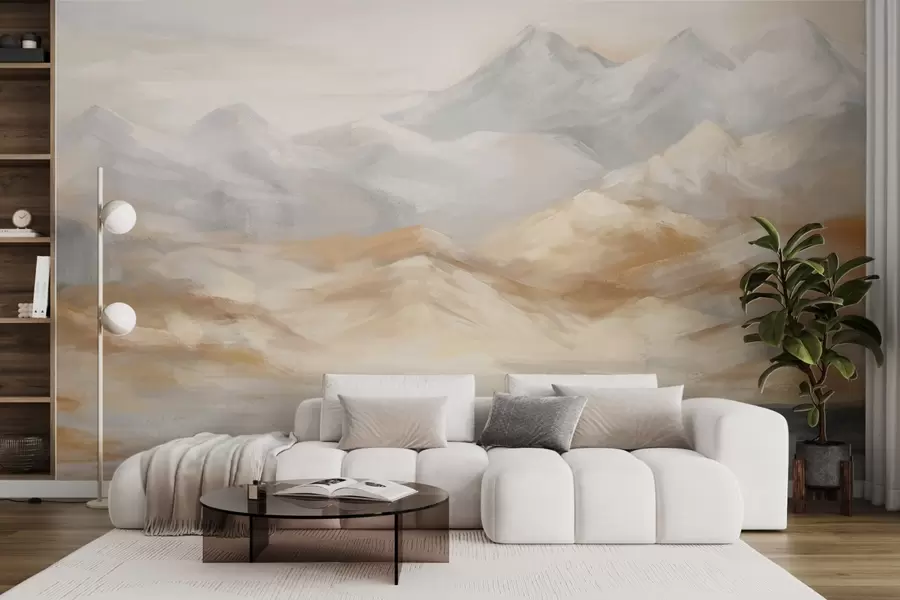 murais de parede Pintura de paisagem texturizada de montanhas com um lago em primeiro plano, em tons de branco, cinza e marrom w09057