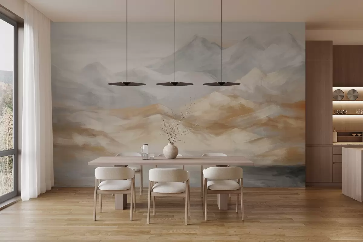 murais de parede Pintura de paisagem texturizada de montanhas com um lago em primeiro plano, em tons de branco, cinza e marrom w09057