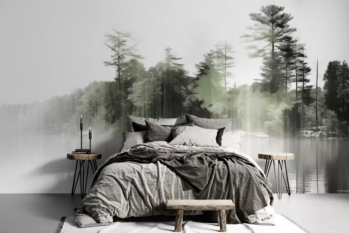 murais de parede Paisagem abstrata minimalista texturizada com um lago e reflexos de árvores na água em tons de verde e branco w09058