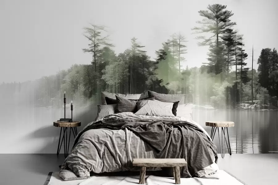 murais de parede Paisagem abstrata minimalista texturizada com um lago e reflexos de árvores na água em tons de verde e branco w09058