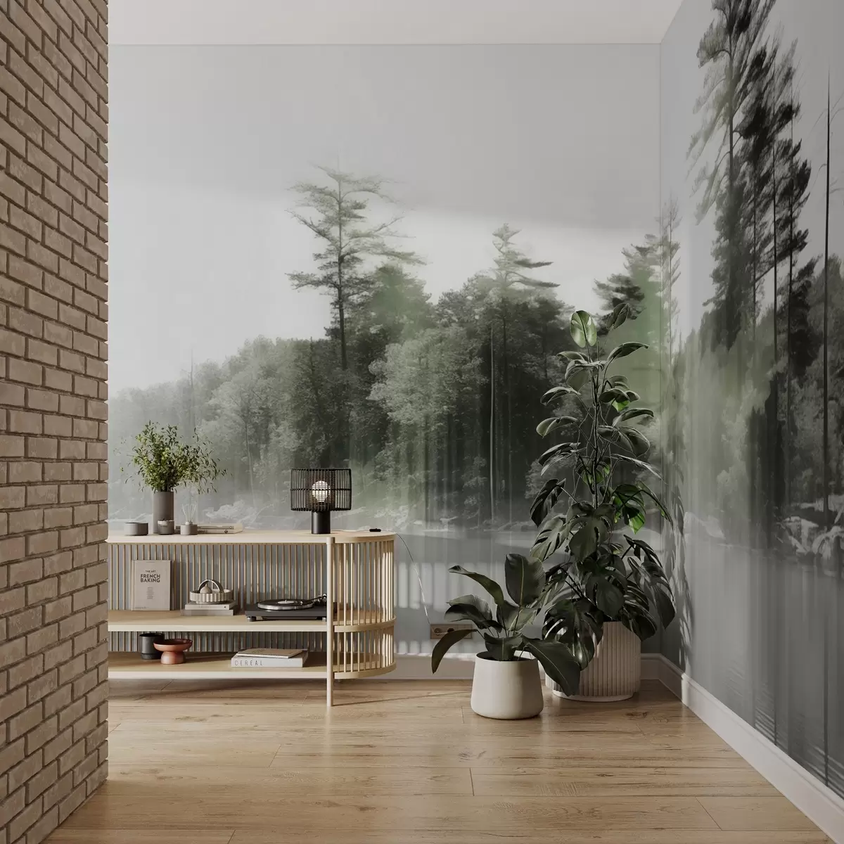 murais de parede Paisagem abstrata minimalista texturizada com um lago e reflexos de árvores na água em tons de verde e branco w09058