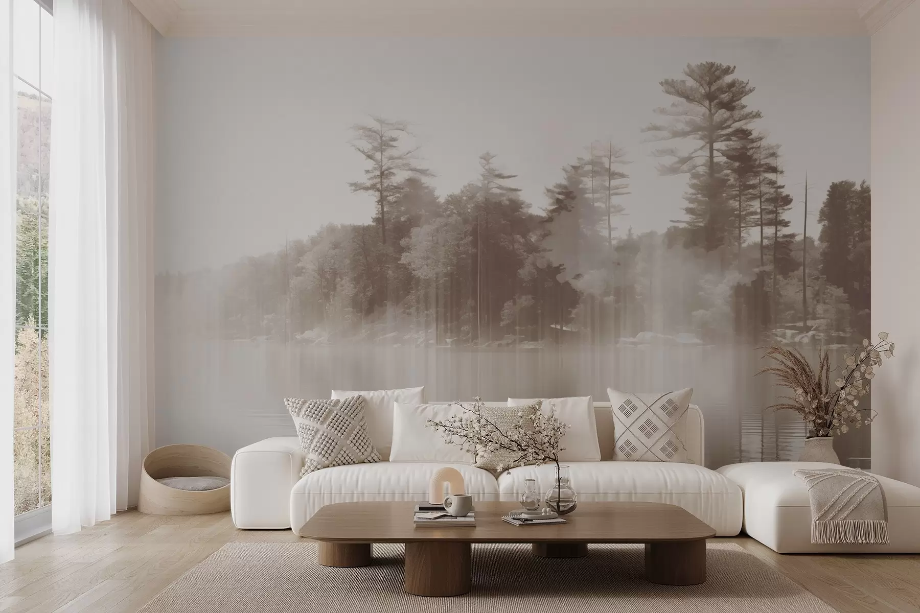 murais de parede Paisagem abstrata minimalista texturizada com um lago e reflexos de árvores na água em tons de bege e branco w09058v1