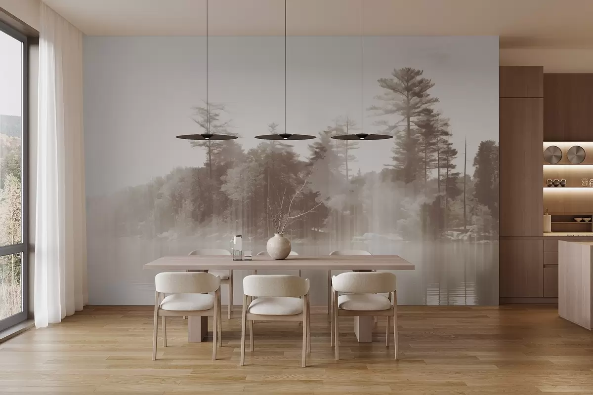 murais de parede Paisagem abstrata minimalista texturizada com um lago e reflexos de árvores na água em tons de bege e branco w09058v1