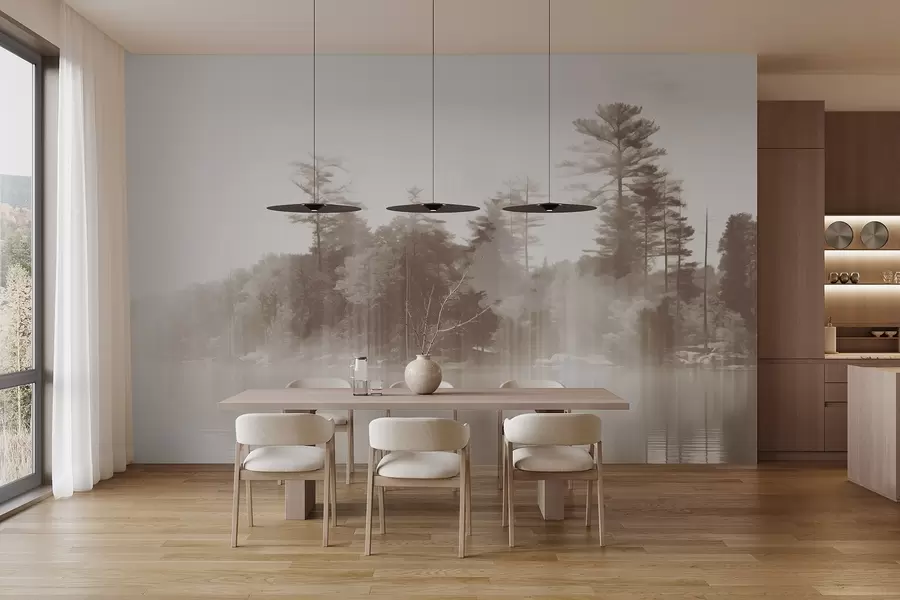 murais de parede Paisagem abstrata minimalista texturizada com um lago e reflexos de árvores na água em tons de bege e branco w09058v1