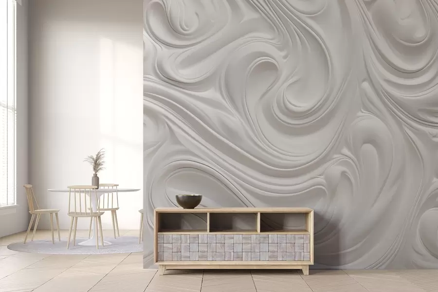 murais de parede Arte moderna abstrata branca com redemoinhos e ondas fluidas, textura suave, design elegante, estética minimalista w09059