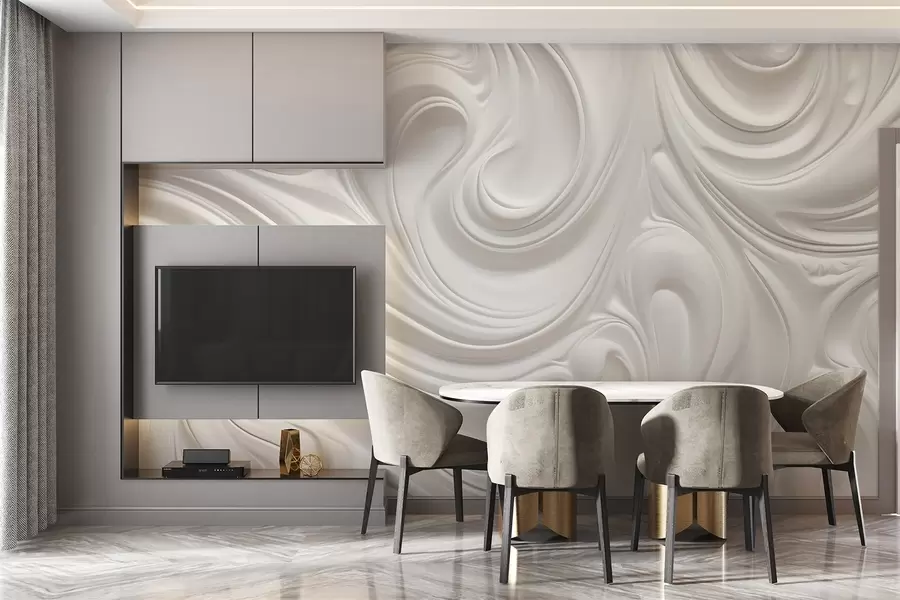 murais de parede Arte moderna abstrata branca com redemoinhos e ondas fluidas, textura suave, design elegante, estética minimalista w09059