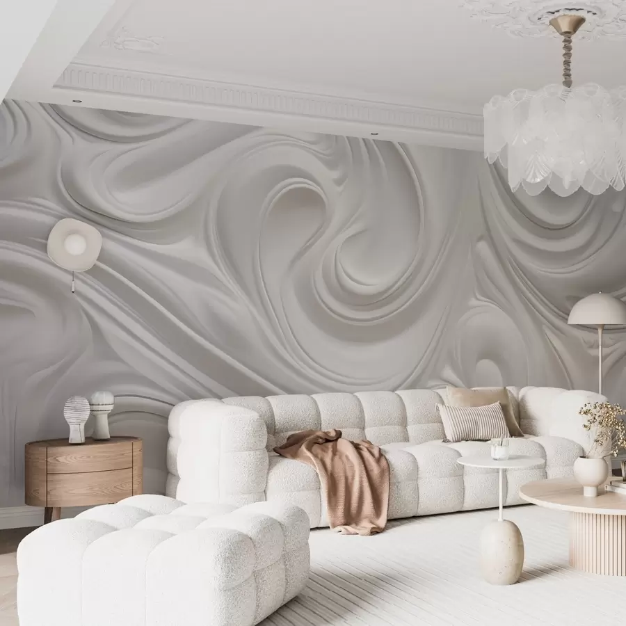murais de parede Arte moderna abstrata branca com redemoinhos e ondas fluidas, textura suave, design elegante, estética minimalista w09059