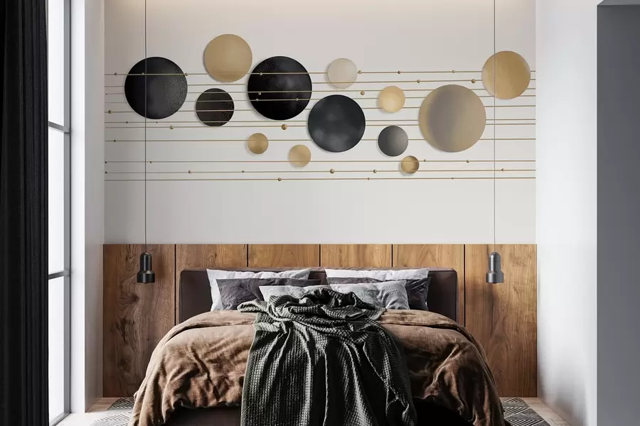 murais de parede Design moderno abstrato com círculos texturizados em tons de branco, amarelo e cinza, conectados por linhas finas, arte minimalista  w09060